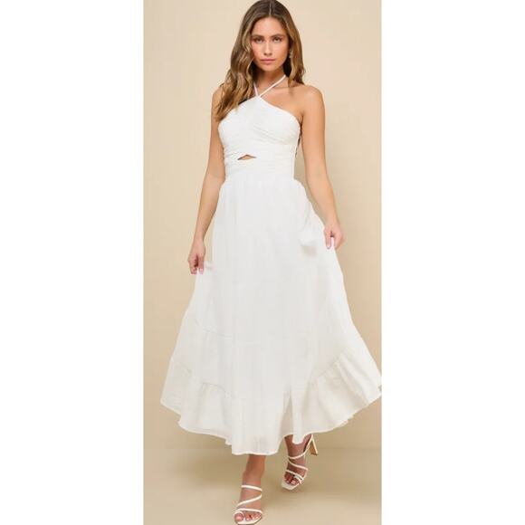Lulus Dresses & Skirts - Lulus Effortless Sweetness White Ruched Lace-Up Tiered Midi Dress